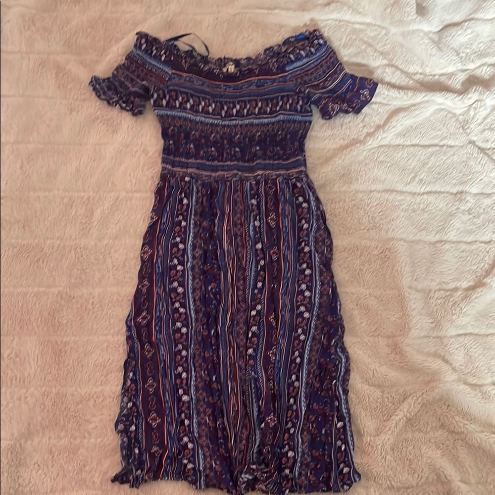 Elegant Blue Patterned Off-Shoulder Dress